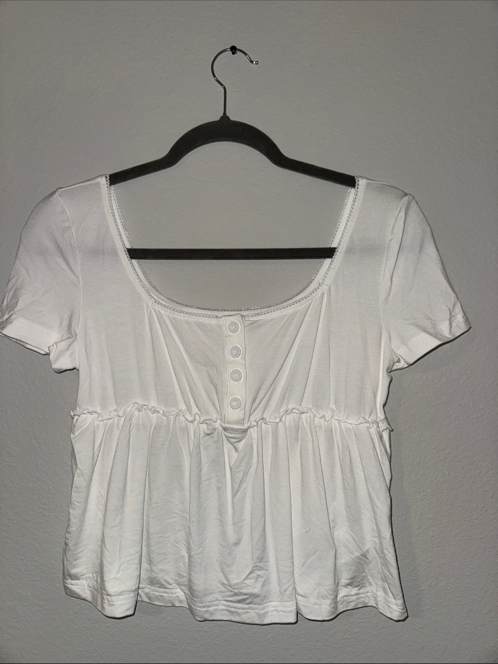 Women’s White Scoop Neck Peplum Top with Button Detail